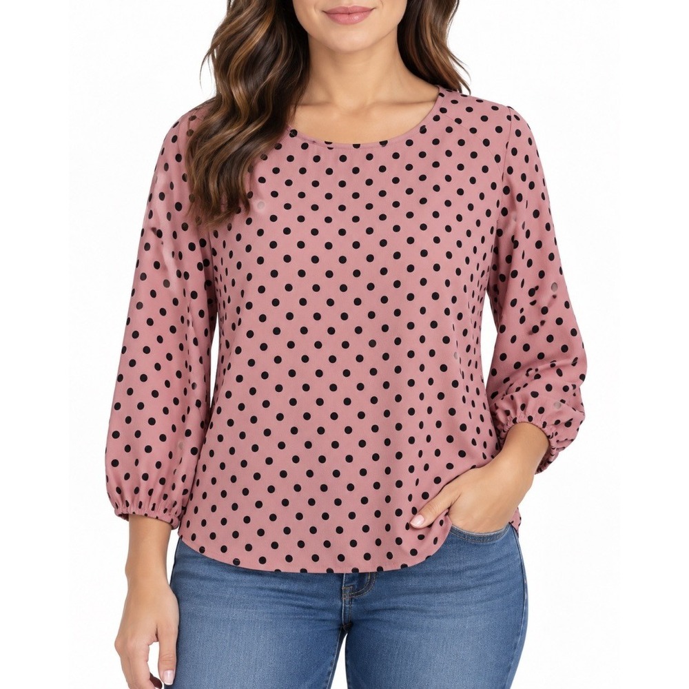 Adrianna Papell Womens Blouse Pink Black Polka Dot Puff Sleeve Top Size L